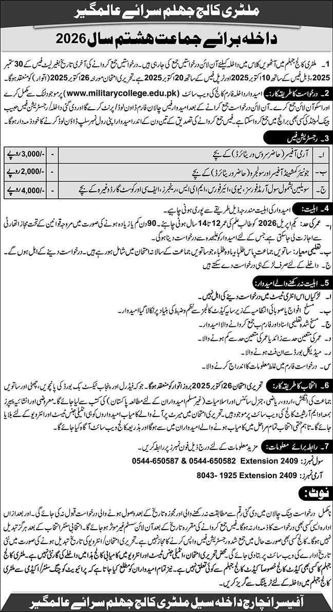 Admission Open in Military College Jhelum